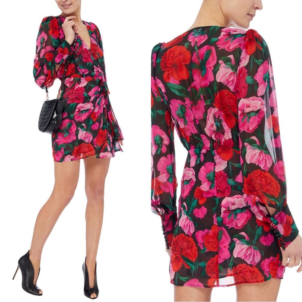 THE KOOPLES Dolve Vita Floral Rose Silk Wrap Long Sleeve Mini Dress Size Large - Picture 3 of 14